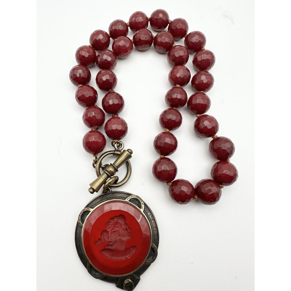 EXTASIA Beaded Gemstone Glass Cameo Toggle Necklace 18”